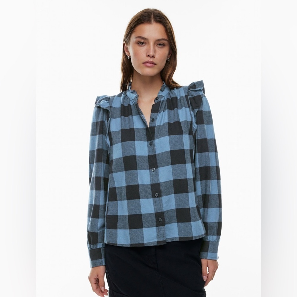 Aritzia Wilfred Free Plaid Ruffle Blue Button Down Top (M)